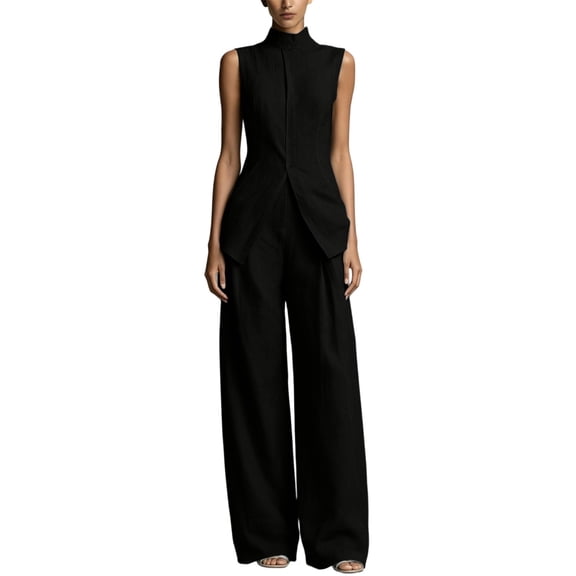 Linen Lounge sets for women, Stand Collar Sleeveless Top and Baggy Wide Leg Pants, Casual Business 2 Piece Set Soft Lightweight Summer Outfits Loungewear Tracksuit
