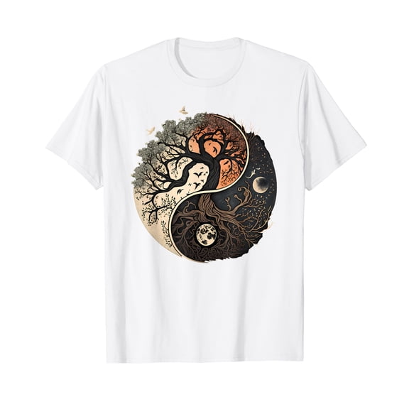 Harmonious Tees Tree of Life Yin Yang Black White T-Shirt Cotton Tee