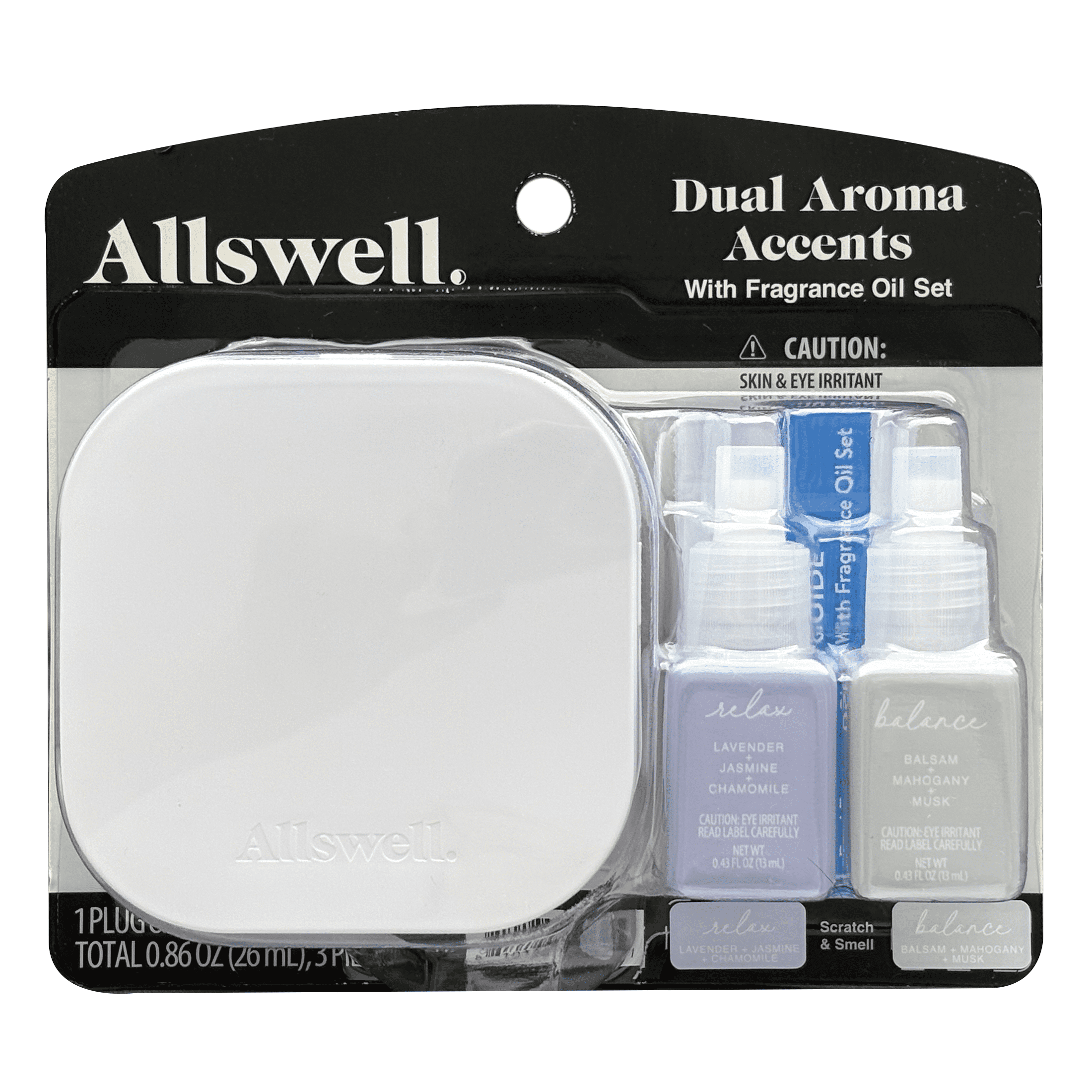 Allswell Dual Plug In Bundle with 2 Oils, Relax & Balance (Lavender + Jasmine + Chamomile & Balsam+ Mahogany+ Musk) + Allswell Glow (Vanilla + Pear + Coconut) Scented 2-Wick Spa Jar Candle 15oz