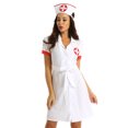 thumbnail image 4 of Disfraz de enfermera para mujer, disfraz de Halloween, traje de cosplay, cuello de solapa, manga corta, vestido de uniforme abotonado con cinturón y sombrero, 4 of 5