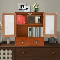 Vintage Tabletop Organizer with 2 Drawers & Glass Door Storage Cabinet Brown