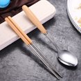thumbnail image 4 of Wooden Handle Stainless Steel Tableware Three-piece Set Solid Wood Chopsticks Fork Spoon Student Outdoor Travel Gift Tableware Set flap Box 1Pcs Spoon+Chopsticks, 4 of 6
