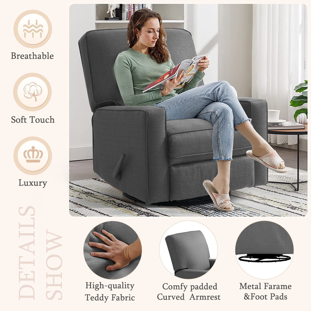 360° Swivel Rocker Recliner , Glider Rocker Recliner, Rocking Chairs for Nursery, Linen Fabric Chair with High Back, Deep Seat, for Living Room, Bedroom, DarkGrey