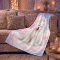 thumbnail image 6 of Smiling Samoyed Pastel Rainbow Moon Dreamy Sky, Peaceful Pet Portrait Pattern, Warm Flannel Blanket for Living Room and Reading Nook, Dog Lovers Friendship Gift, Pet Lover Home Decor, 6 of 9