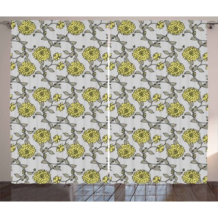 Grey And Yellow Curtains 2 Panels Set Pattern With Chrysanthemum