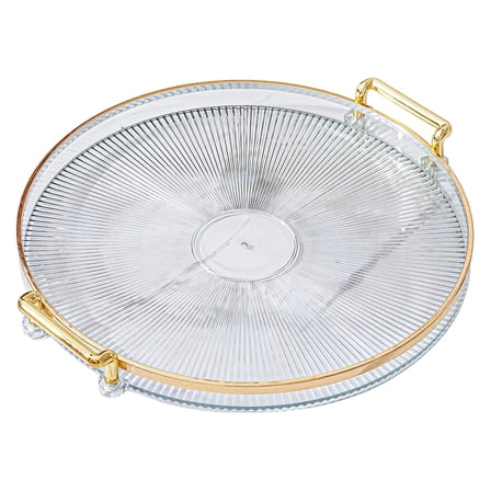 Round Clear Vanity Tray with Gold Border, Modern Plastic Bathroom & Countertop Organizer, Elegant Display Tray for Makeup, Jewelry, Fruits or Snacks
