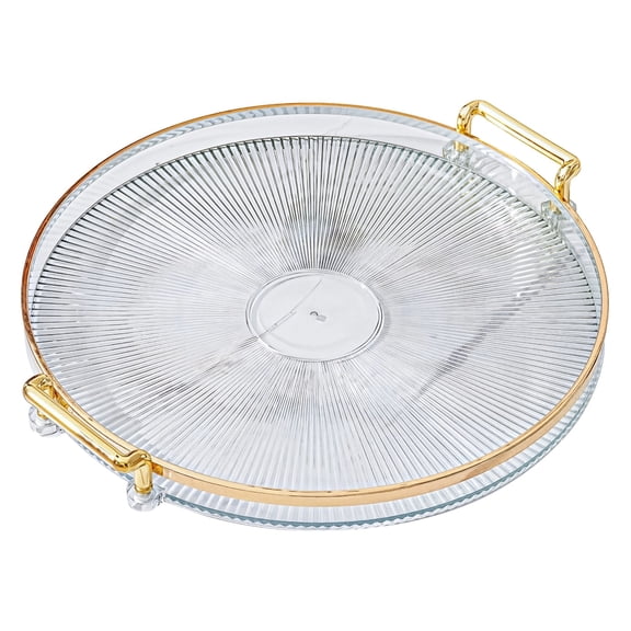 Round Clear Vanity Tray with Gold Border, Modern Plastic Bathroom & Countertop Organizer, Elegant Display Tray for Makeup, Jewelry, Fruits or Snacks