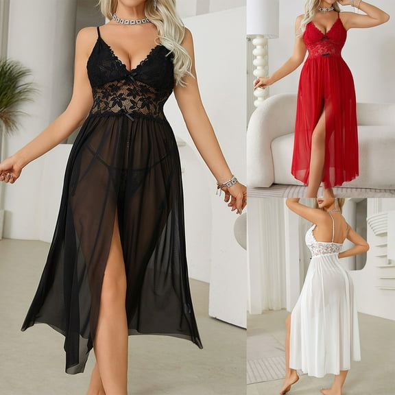 Aboser Womens Nightgowns Sleepwear Elegant Mesh Sheer Nightdress Flowy Split Long Sleepwear Breathable V Neck Lace Chemise Sleepshirts