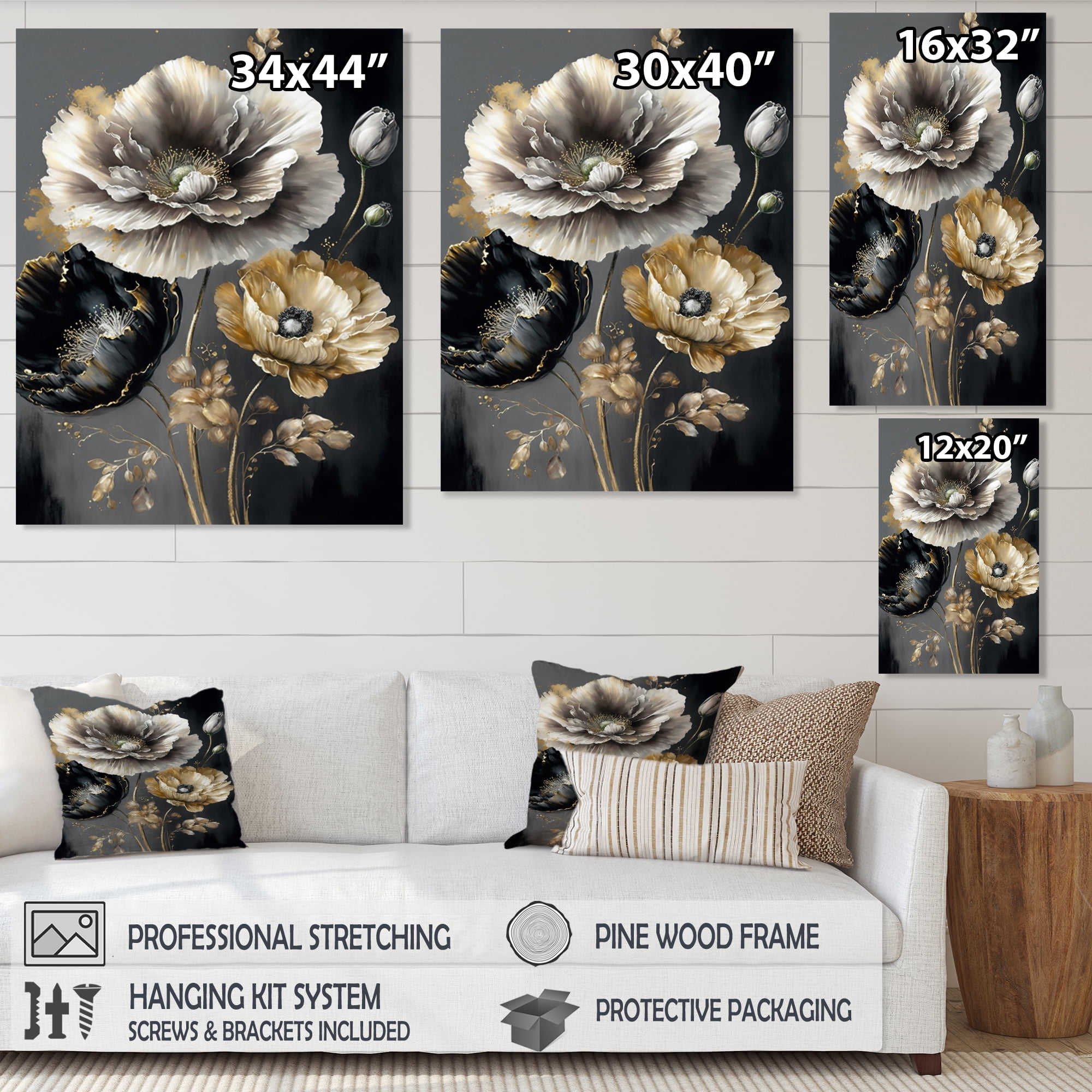 Designart Grey Gold Flower Bouquet I Canvas Wall Art
