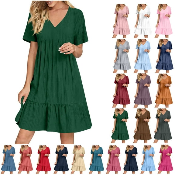 Xunlbb Plus Size Dresses for Women Spring And Summer V-Neck Loose Solid Pleated Casual High Waist Lace Dress Gift for Her Size S-5XL