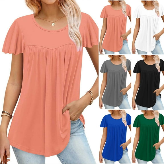 Fanxing Womens Plus Size Tops Pleated Tunic Blouses Summer Ruffles Short Sleeve Tshirts for Women Flowy Casual Tees Shirts Black,XXL