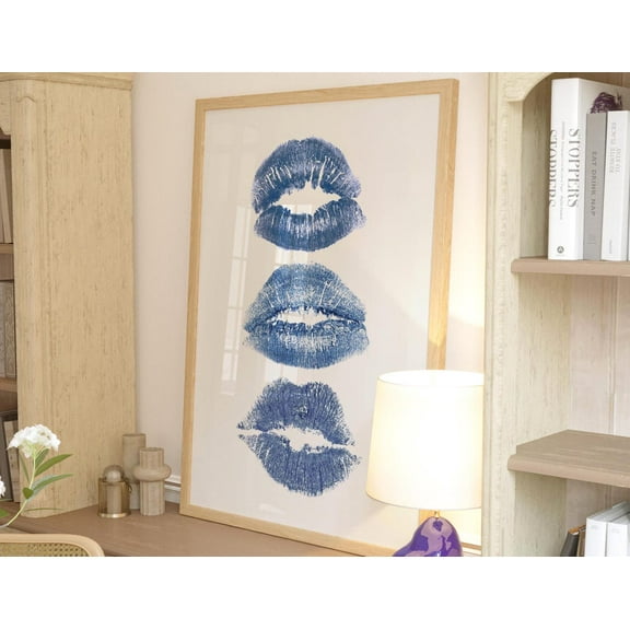 Navy Blue Wall Art Trendy Wall Art Aesthetic Room Decor Dorm Wall Art Kiss Lips Wall Art Trendy Wall Art Preppy Dorm Girly Wall Art, Modern Wall Decor, 8x12 UNFRAMED