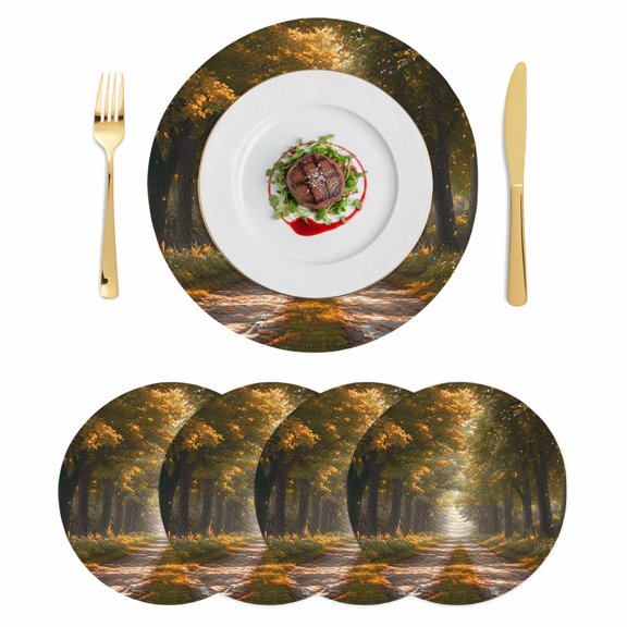 Brown Trees Round 13 Inch Placemats Set of 4, Forest Art Decor Spring Summer Nature Leaf HeatResistant Non Slip Place Mats for Dining Table, Wipeable Braided Kitchen Table Mats for Housewarming
