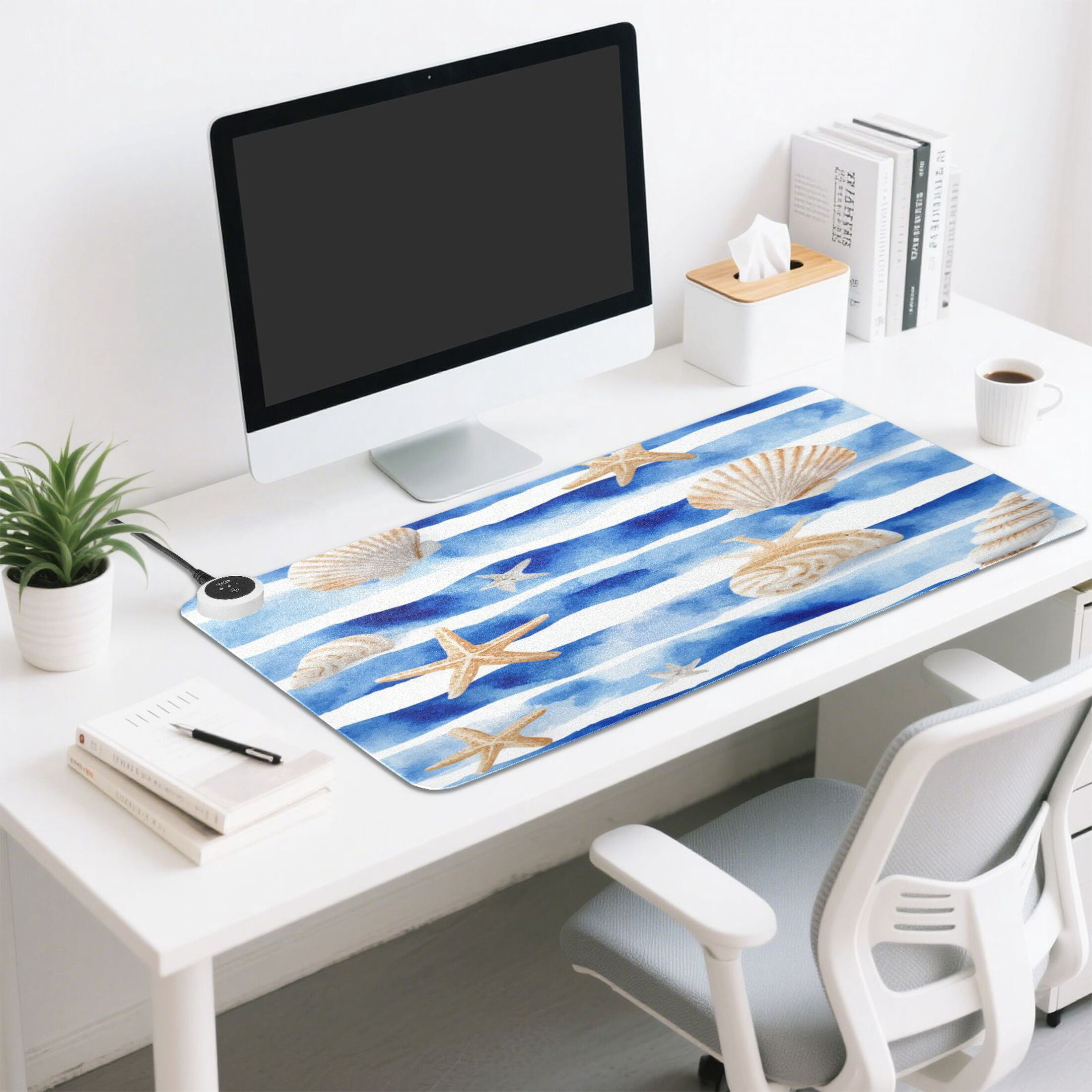 Large Heated Desk Mat Mouse Pad 31.5"x13"PU Leather Graphene Heating Desk Warmer with 3 Temperature Settings 110V US Plug Non-Slip Warm Pad for Home, Office, and Gaming Blue Nautical Stripes Pattern