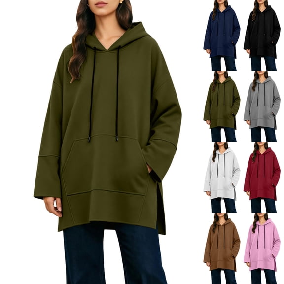 Asxite Women Fall Winter Tops Round Neck Long Sleeve Hooded Drawstring Side Slit Pocket Loose Pullover Solid Shirts