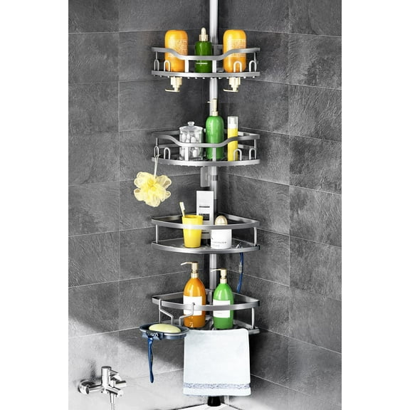 Corner Shower Caddy Tension Pole: Rustproof 4-Tier Bathroom Organizer Shees for Bathtub Shampoo Storage - 47-121 Inch Quick Install Adjustable Rod Standing Rack with Soap Rack - Sier Gray