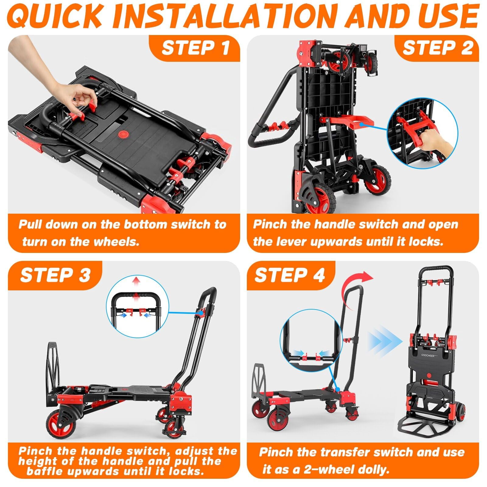 2-in-1Hand Truck Dolly with Folding Basket, Dolly Cart with 4 Wheels, Wagons Carts Foldable with Retractable Handle, Foldable wagon for Moving, 330LBS Capacity, Red