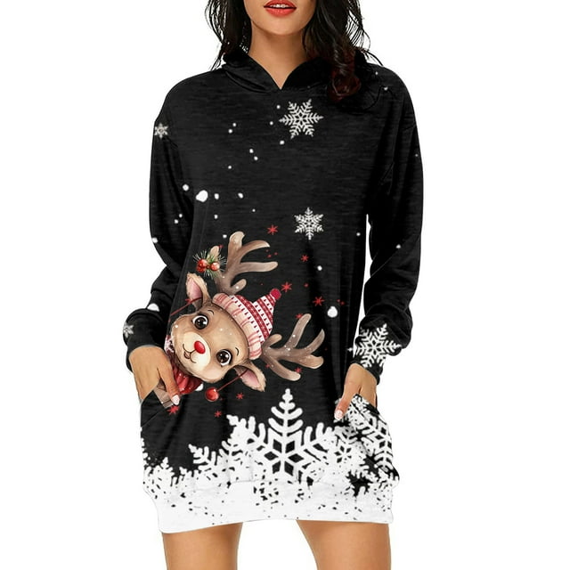 WILLBEST Sudadera Deportiva para Mujer Sudadera Larga con Capucha, Estilo Casual, con Estampado de Ciervos Navideños, Ideal para Otoño E Invierno Mediana