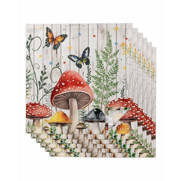 Mushrooms Cloth Napkins Set of 6 Reusable Dinner Napkins, Butterfly Botanical Country Plants White Wood Cocktail Napkin Washable Table Napkins for Wedding/Holiday Party/Baby Shower 20"x20"