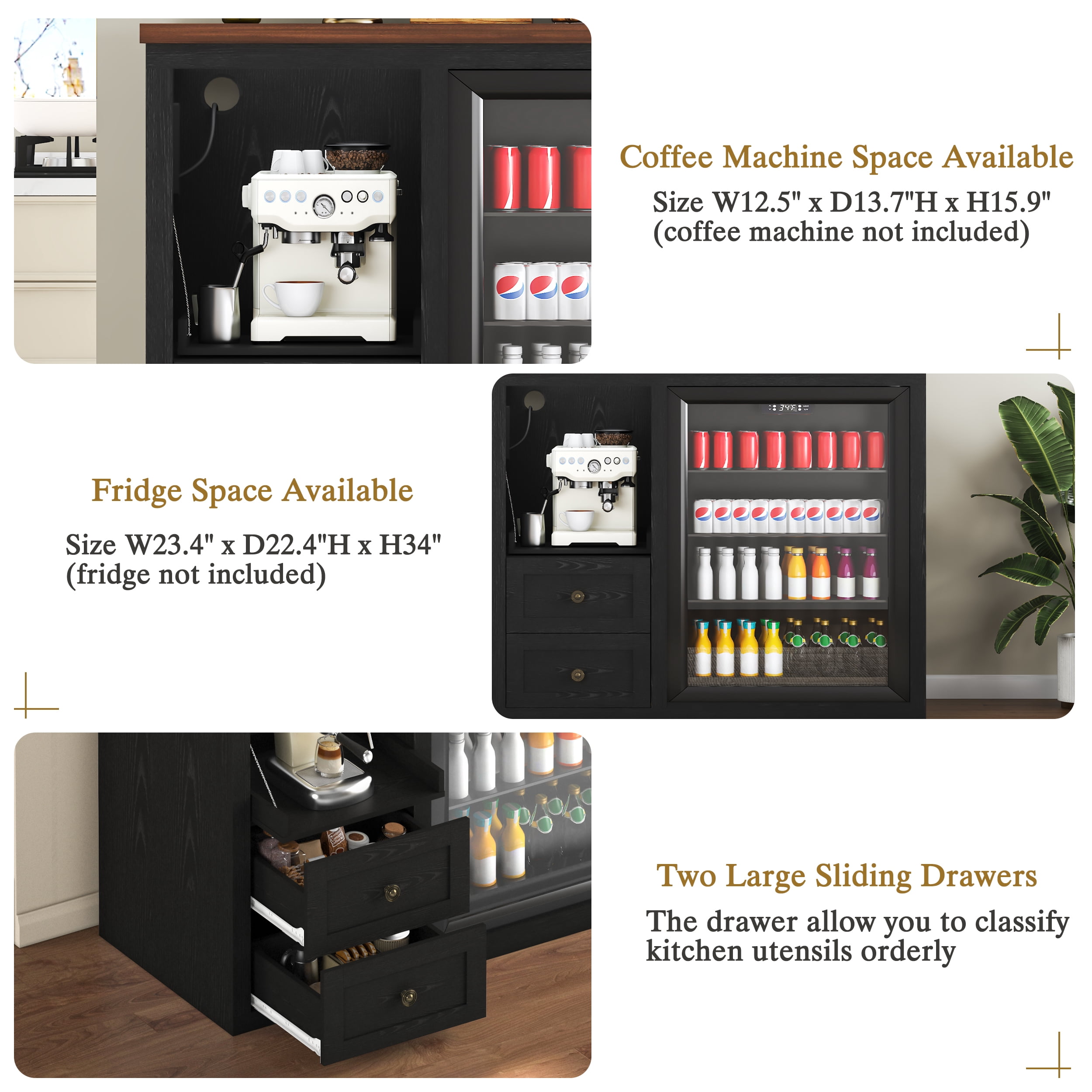 JassmiPkwy Mini Fridge Stand with Built-in Storage, Coffee Bar Cabinet with 2 Drawers & Power Outlet, for Coffee Maker, Microwave, Black