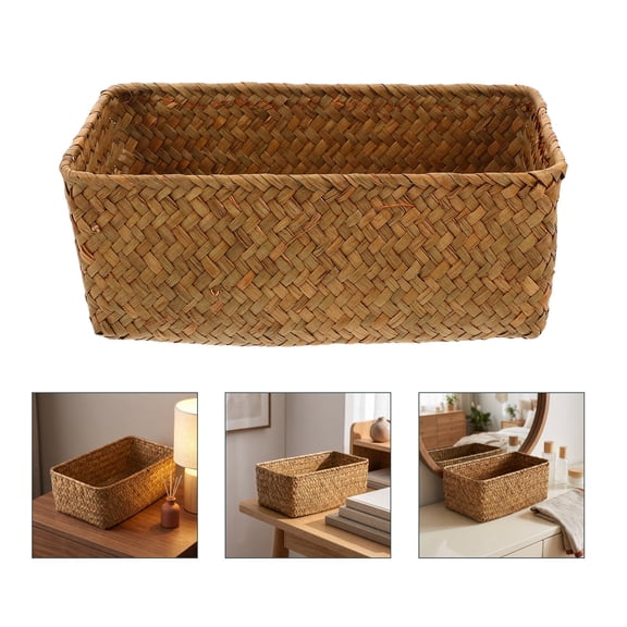 MOKKHNB Woven Desk Storage Basket Rectangular Straw Organizer Bin for Tabletop