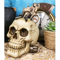 Wild West Cowboy Western Outlaw Skull With Pistol Gun And Ammo Bullets Figurine