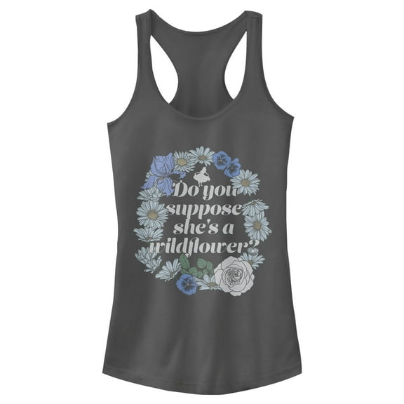 Junior's Alice in Wonderland Do You Suppose She's a Wildflower Quote Racerback Tank Top Charcoal Medium