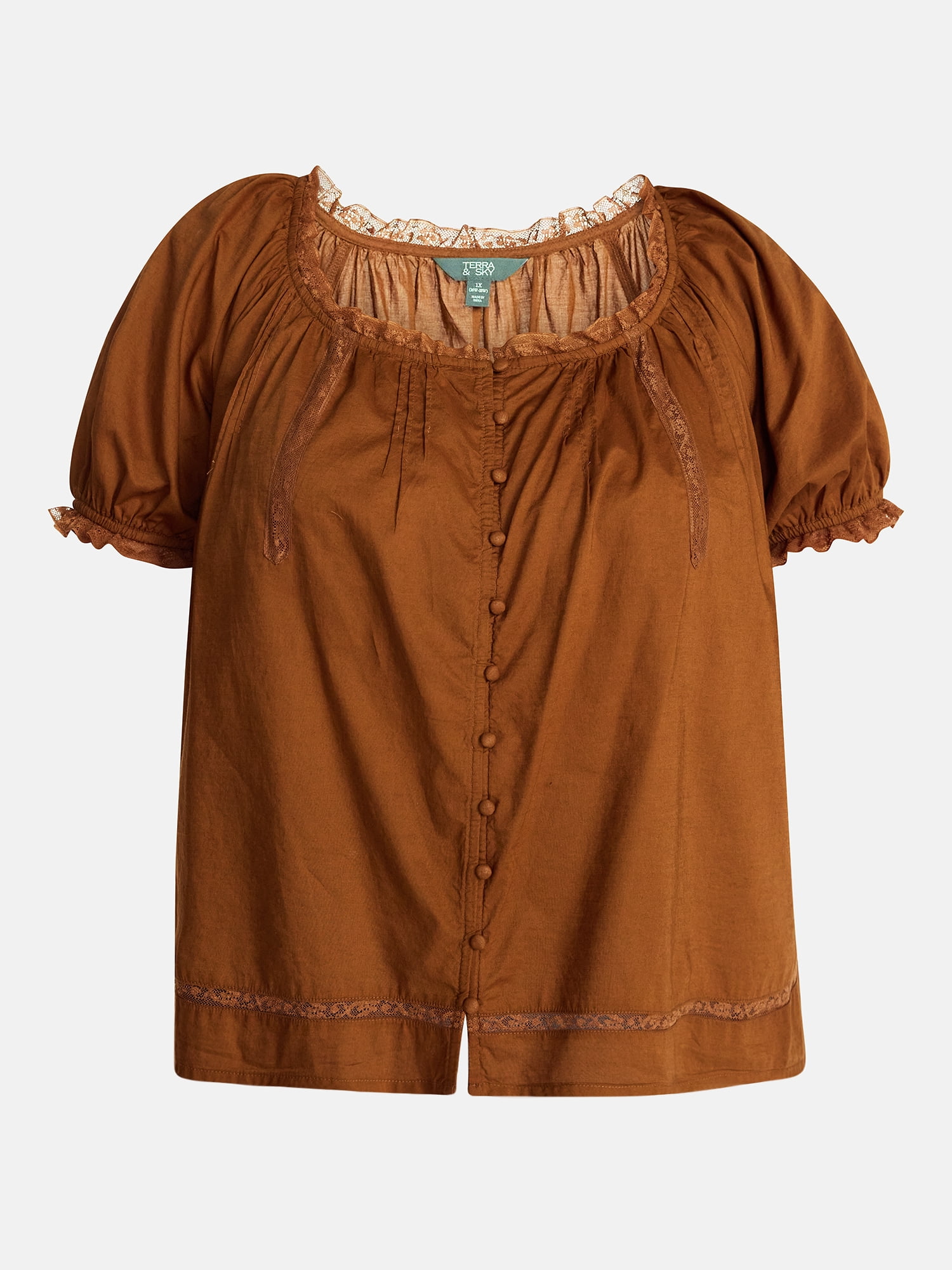 Terra & Sky Women's Plus Button Front Cotton Swing Top with Short Sleeves, Sizes 0X-5X