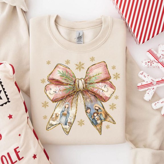 Coquette Nativity Scene Sweatshirt, Coquette Bow Jesus Shirt, Nativity Christmas Shirt, Love Like Jesus Shirt,Lightweight Sweater,Baby Jesus