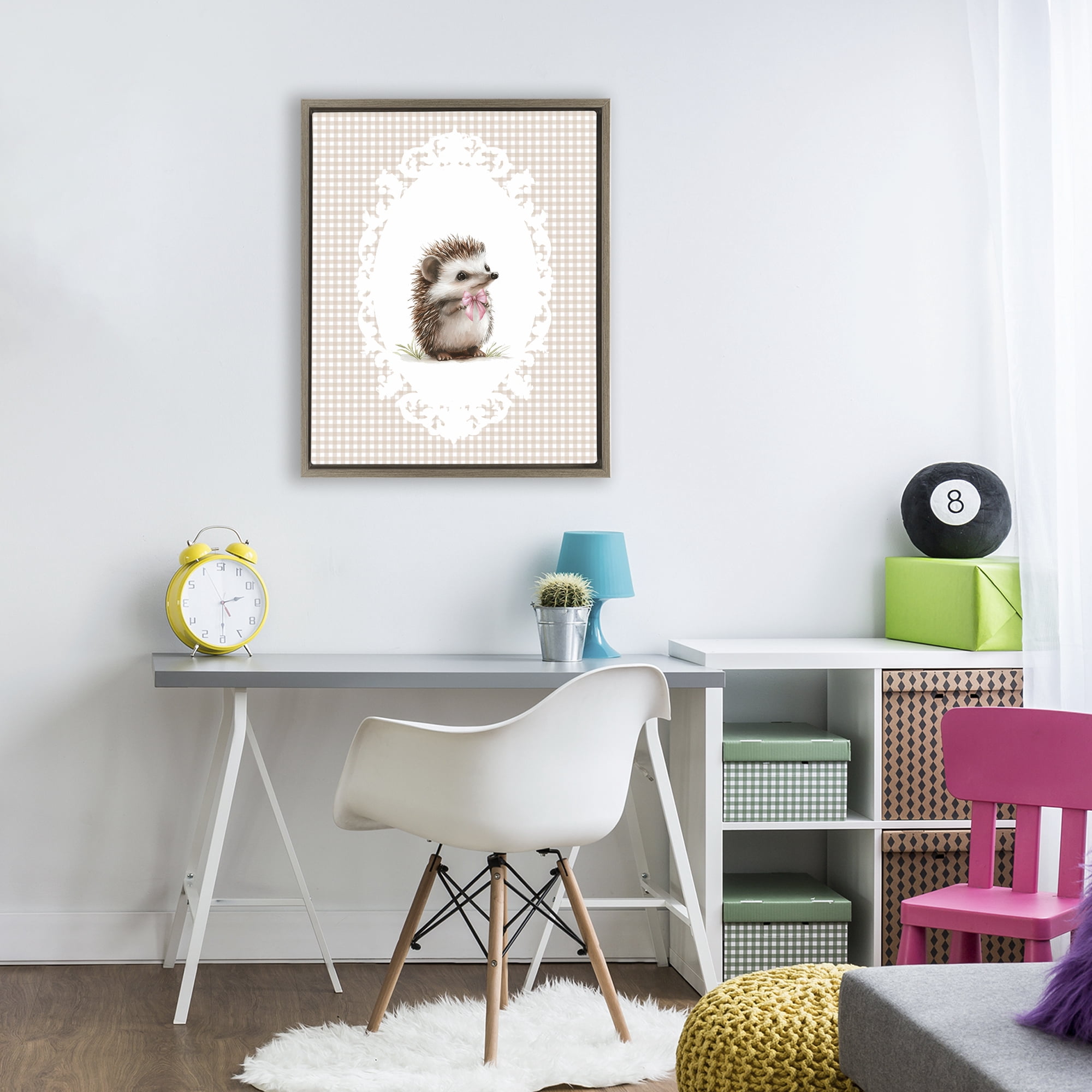 Stupell Industries Vintage Bow Hedgehog on Gingham Brown Framed Floater Canvas Wall Art, design by Christine Simpson Art
