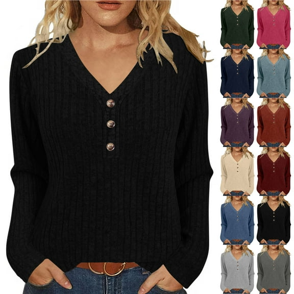 Otntypg Long Sleeve Button V Neck Henley Shirts for Women Casual Fall Winter Basic Cable Knit Tunic Sweater Blouse Loose Fit Cozy Knitwear Tops Light Blue L