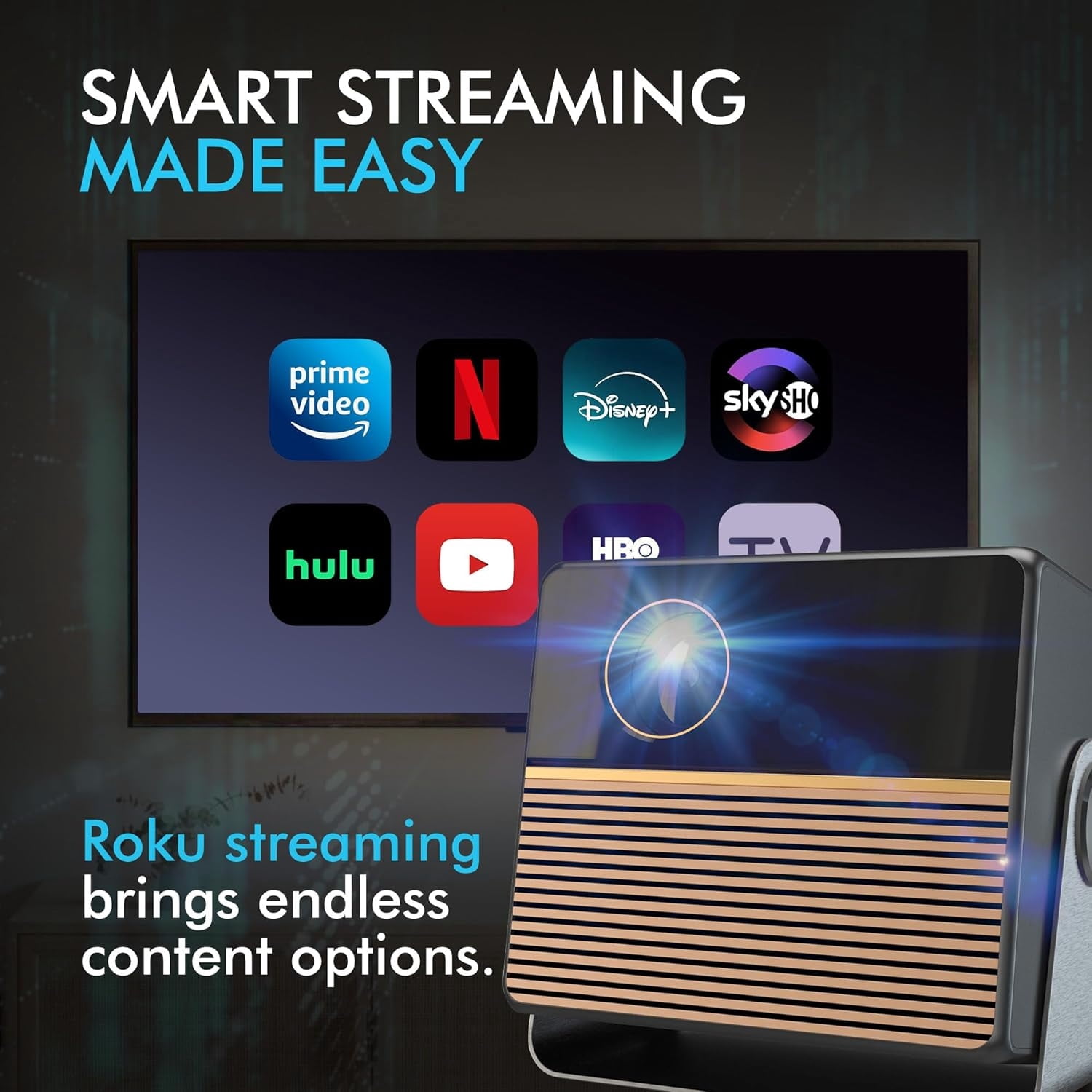 Restored RCA 1080P FHD ROKU Smart Streaming Projector, Powered by ROKU Express Black, 250 ANSI Lumens, Projects from 36" to 200" (Refurbished)