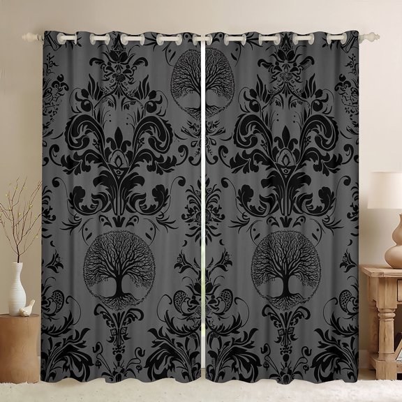 Manfei Gray Damask Jacquard Blackout Curtains Set of 2 (52x84 Each),Tree Of Life Window Curtains,Gothic Flower Floral Curtains and Drapes,Super Cozy Room Decoration