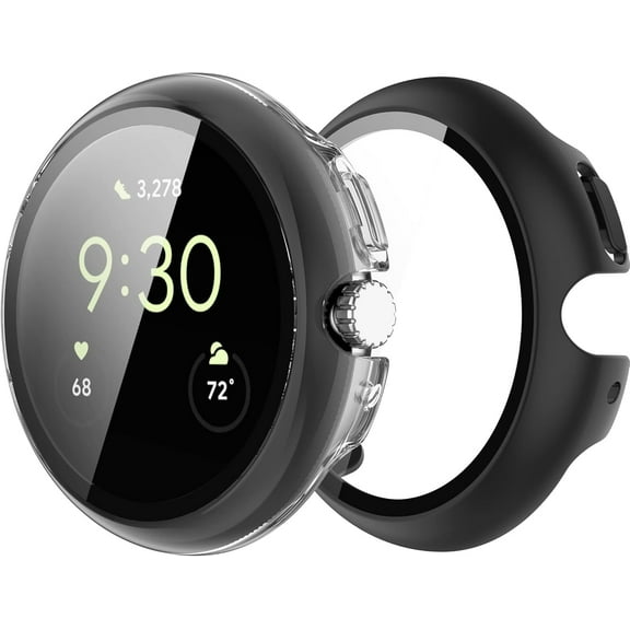 KOMI Screen Protector Compatible with Pixel Watch 2/Google Pixel Watch Case,Hard PC Anti-Scratch Bumper Protector Case Shock-Proof Bezel Protective Shell for Google Pixel Watch Cover,Black&Clear