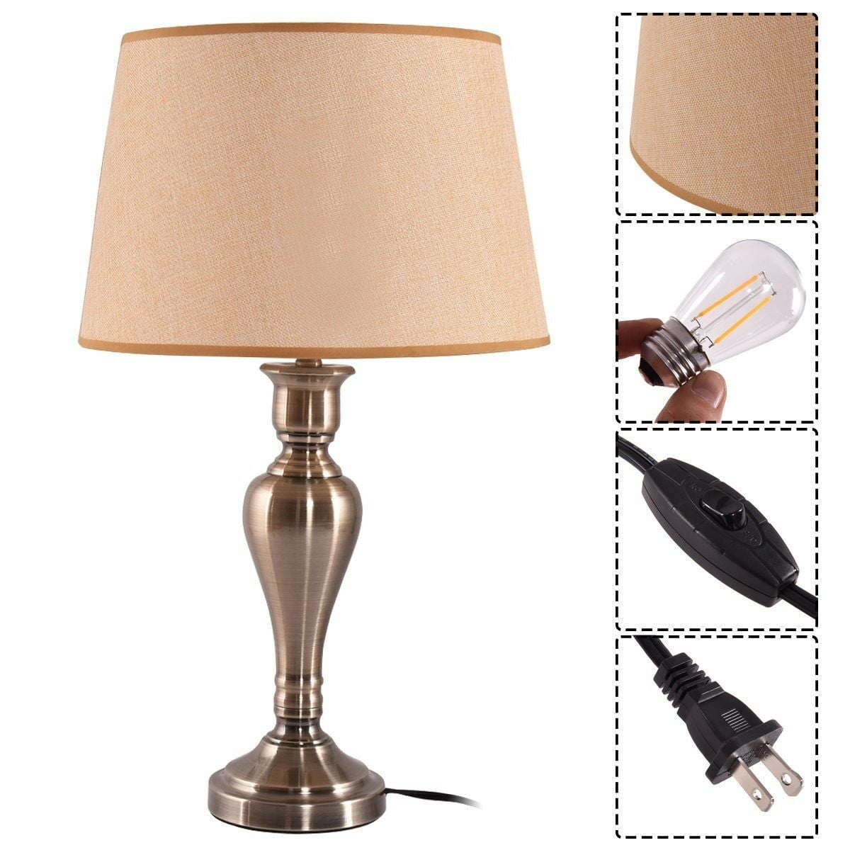 15" Traditional Antique Brass Bedside Table Lamp Nightstand Desk Light