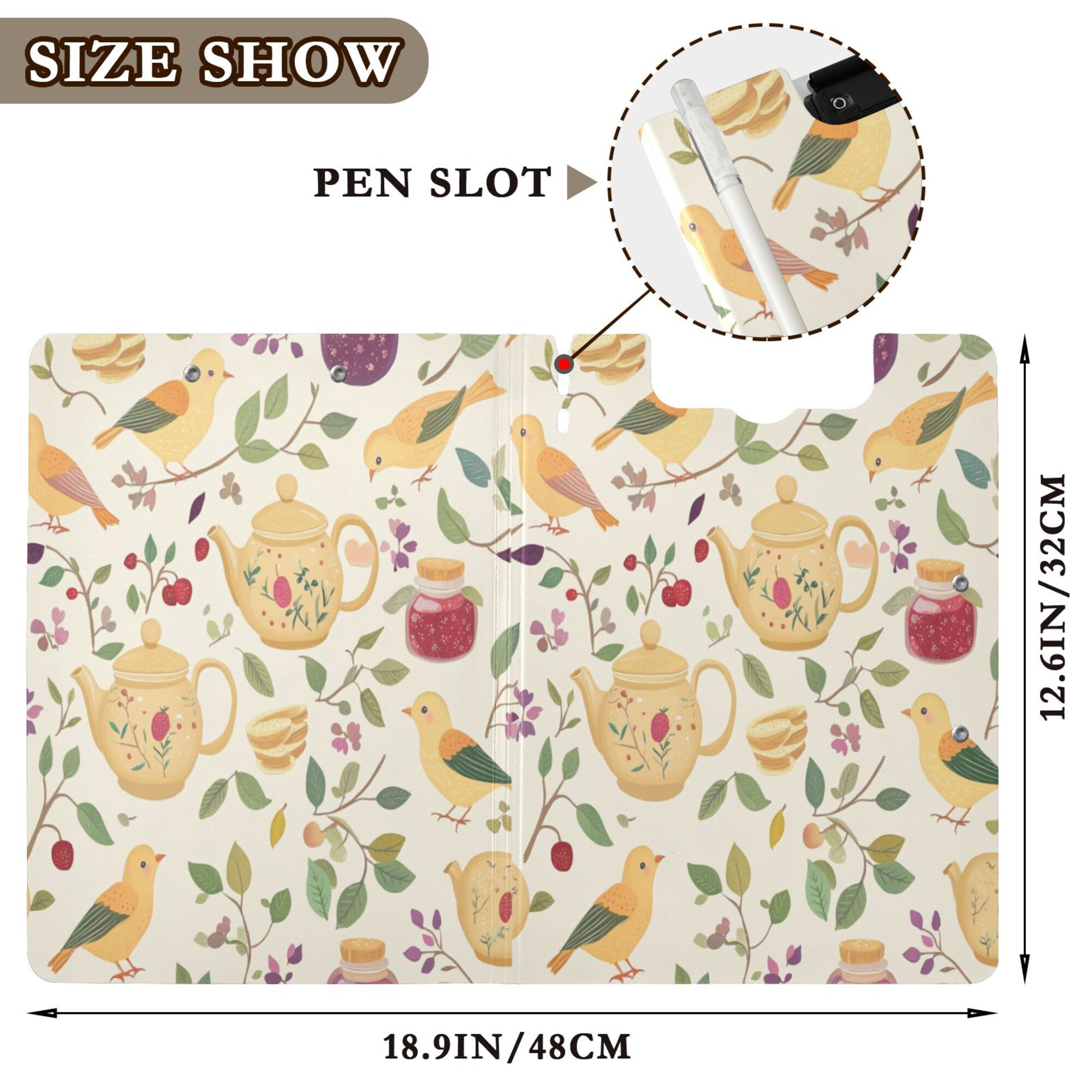 FORMRS A4 Clipboard Folder with Pen Holder Horizontal Foldable School Office Binder, Birds Tea Time