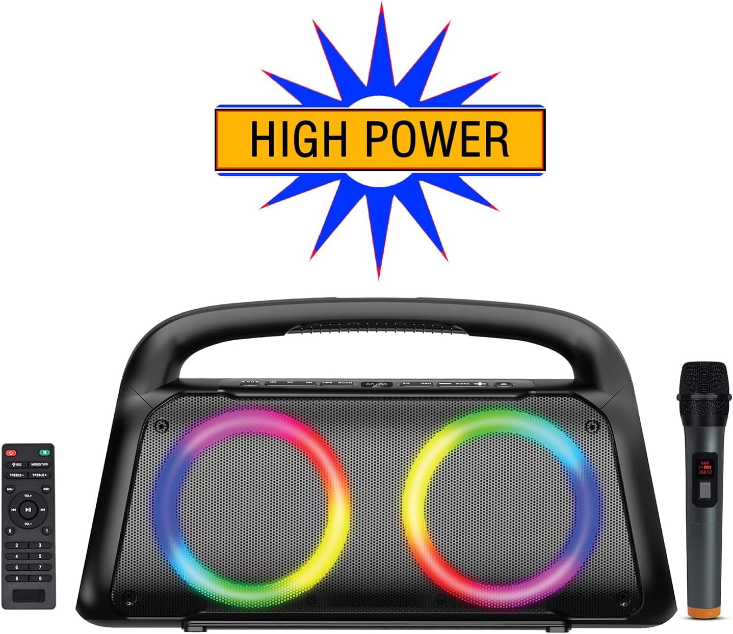 Boytone BT-61K Bluetooth Karaoke Machine Speaker System with LED DJ Lights, VHF Wireless Microphones, Remote Control, 60W Powerful Speaker, TF Card/USB, TWS, for Indoor/Outdoor Events