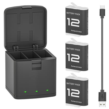 3-Pack Battery for Gopro Hero 12 Black, Hero 11 Black, Hero 10 Black, Hero 9 Black Camera with 3-Channel USB Intelligent Charger, Fully Compatible with Gopro Hero 12/11/10/9 Battery and Charger