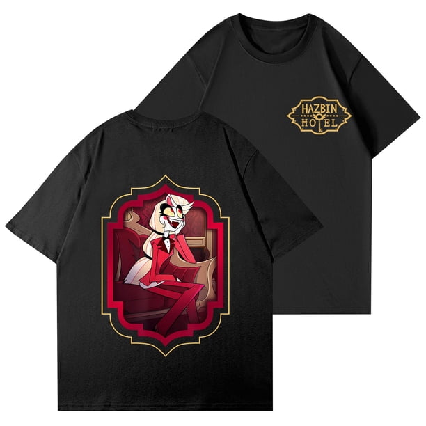 Hazbin Hotel Las mujeres de moda Casual Impreso de manga corta Cuello redondo Pullover Tops Negro/L