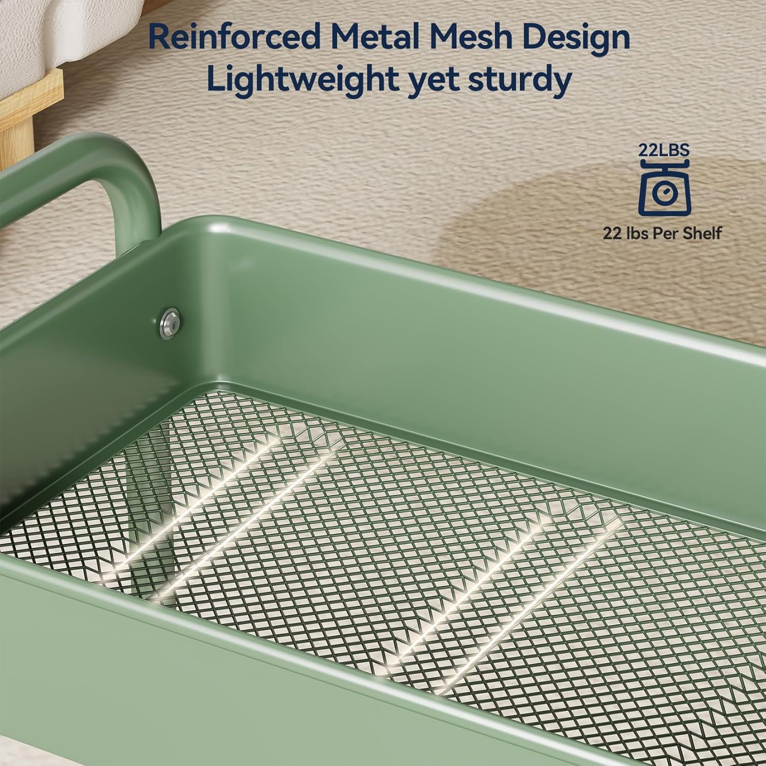 3-Tier Rolling Utility Cart with Wheels, Hanging Cups, Hooks, Heavy Duty Mesh Storage Organizer for Kitchen and Office, Lightweight Sturdy Craft Cart