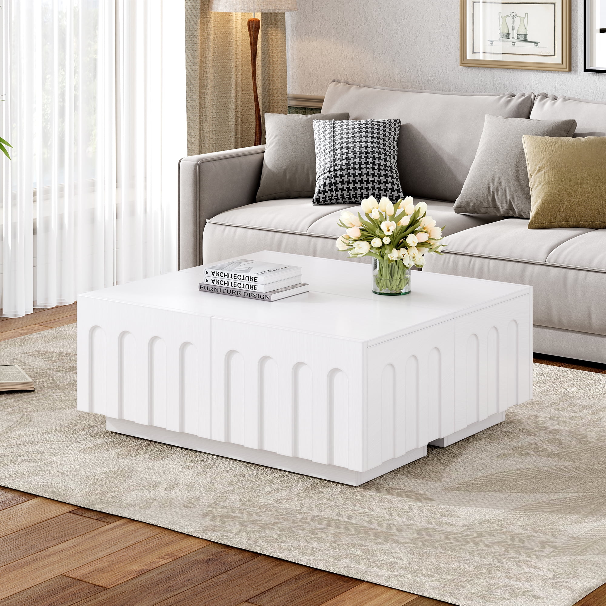 Euroco Elegant TV Stand with Arched Design for TVs Up to 80", Multi-Functional Organizer Cabinet with Storage for Living Room, Bedroom, White