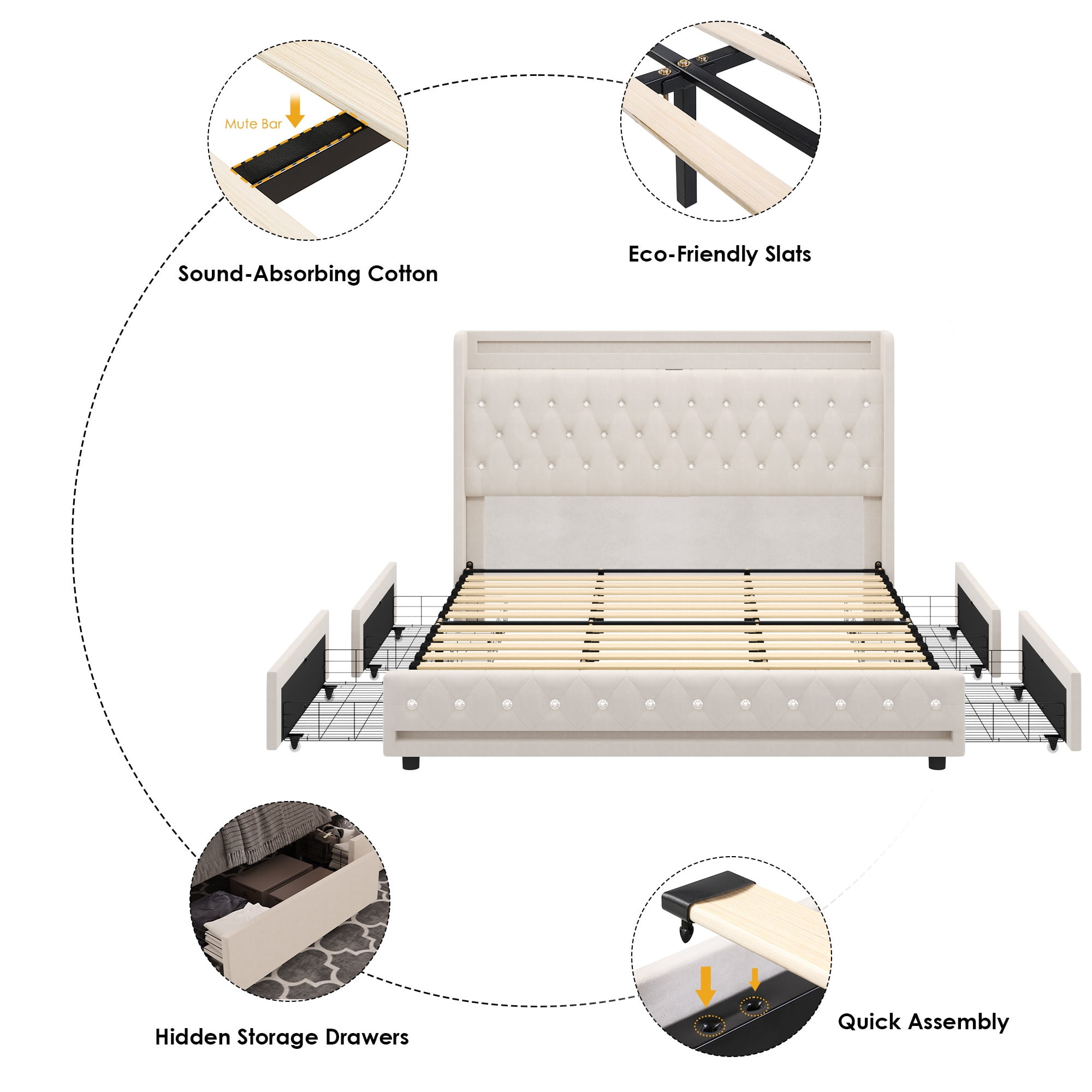 Homfa Full Size LED Bed Frame with Outlets and USB Ports, 4 Storage Drawers Modern Wingback Crystal Button Tufted Velvet Upholstered Platform Bed Frame, Beige