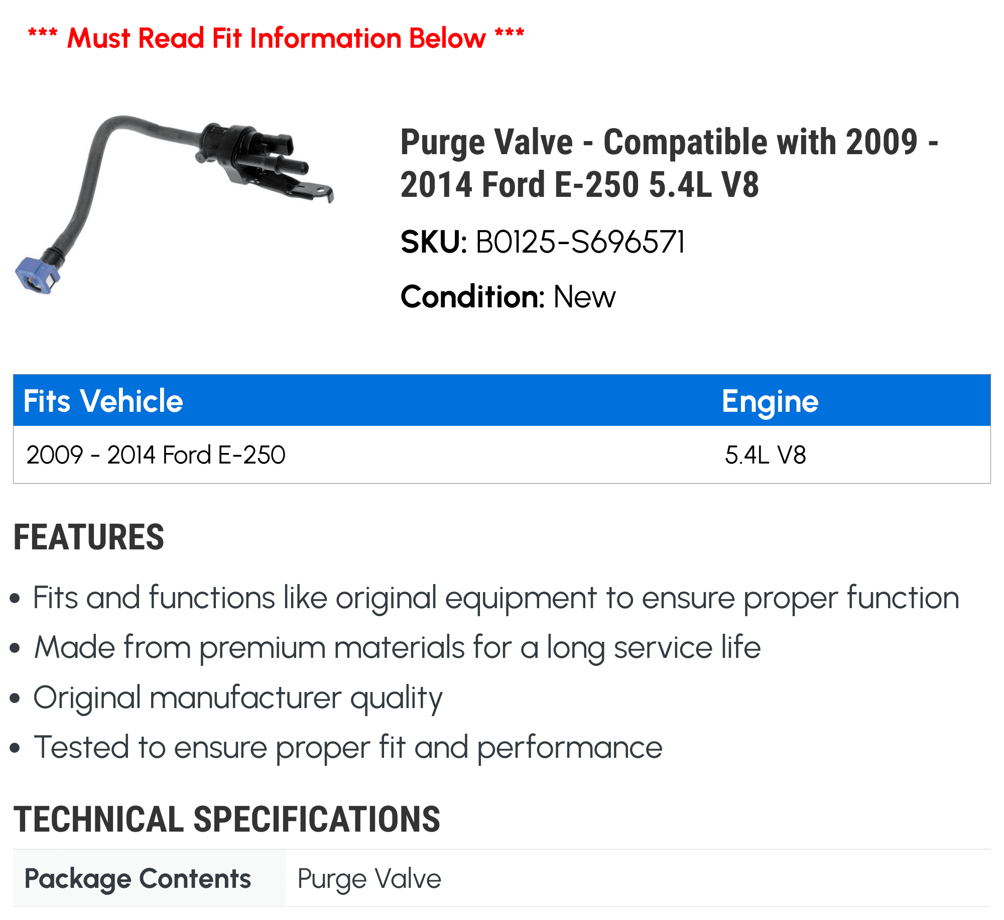 Purge Valve - Compatible with 2009 - 2014 Ford E-250 5.4L V8 - Dorman