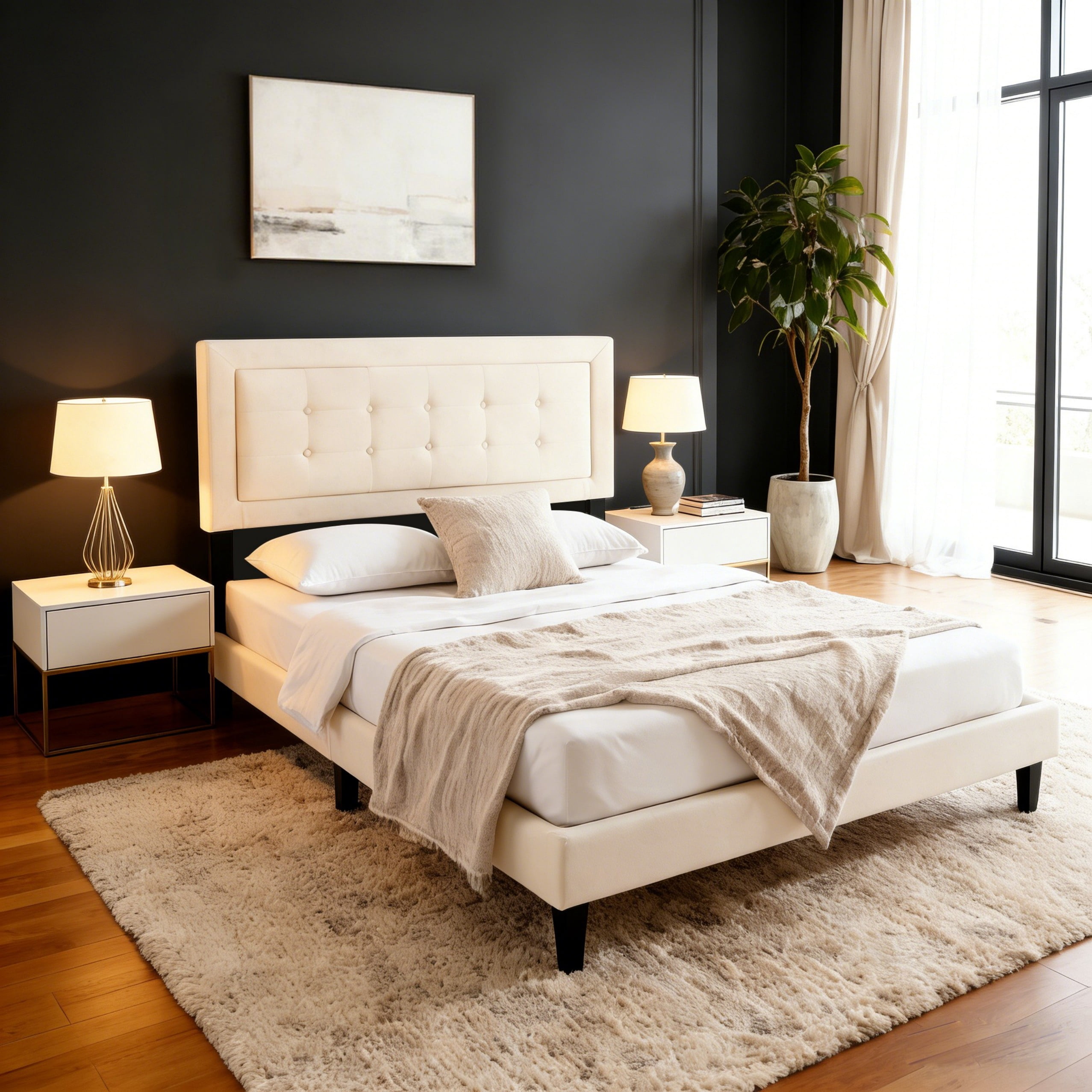 BSHTI Full Size Platform Bed Frame with Square Tufted Upholstered Headboard – Solid Wood Frame, 10 Wood Slats, Center Support Leg, Under-Bed Clearance, No Box Spring Needed, Beige