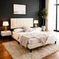thumbnail image 3 of BSHTI Full Size Platform Bed Frame with Square Tufted Upholstered Headboard – Solid Wood Frame, 10 Wood Slats, Center Support Leg, Under-Bed Clearance, No Box Spring Needed, Beige, 3 of 11