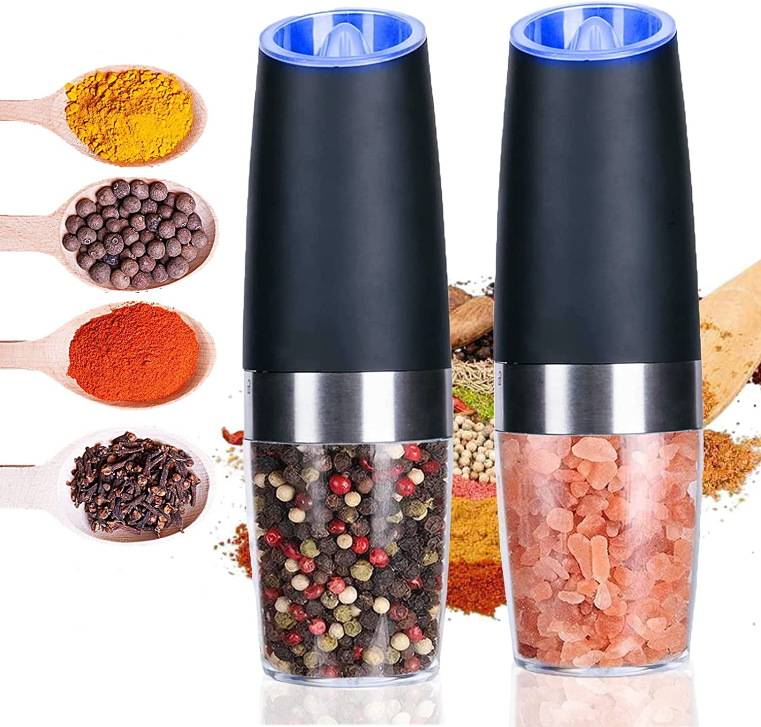 Electric Gravity Salt and Pepper Grinder, Battery Operated Automatic Salt  and Pepper Mill - Blue LED Light $25. Free for USA. Interested DM for  Details : r/AMZreviewTrader