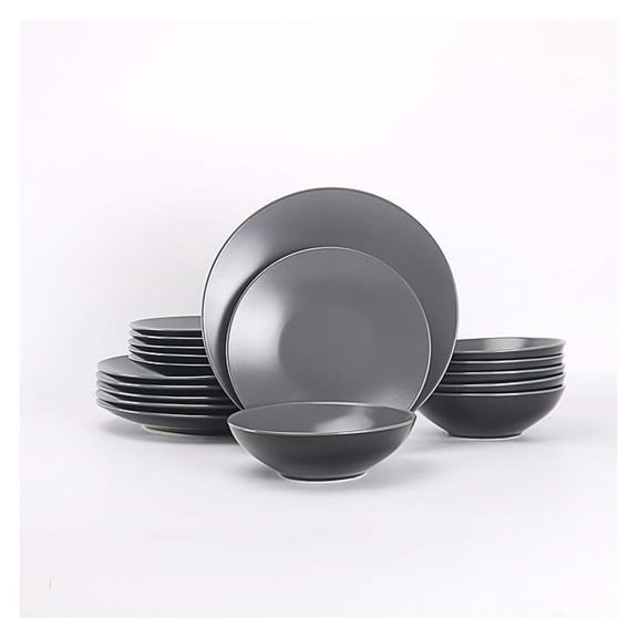 Stoneware Dinnerware Set 18pc - Two-Tone Black & Grey, Service for 6 - Modern Coupe Shape, Dishwasher & Microwave Safe