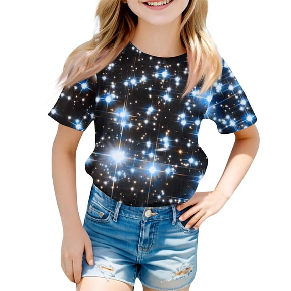 XADYUY Girls Summer Tshirts 4-16 Crewneck Galaxy Star Sky Toddler Girls T-Shirts Short Sleeve Tshirt Summer Casual Cotton Toddler Tops Girls,2-3Years,Navy