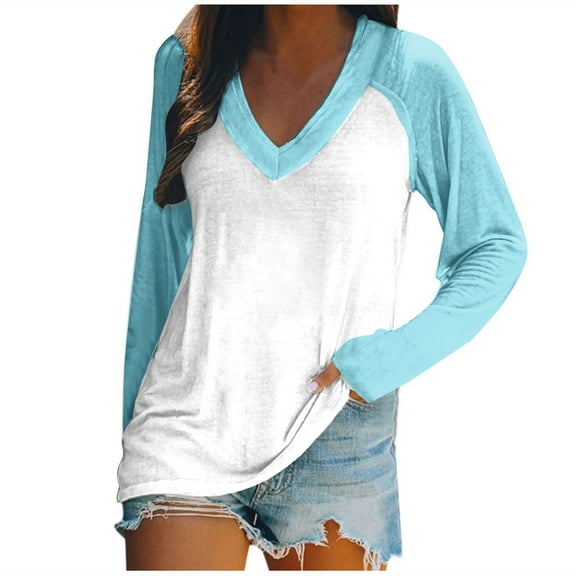 TKLPEHG Womens Tunic Tops V-Neck Patchwork Color T-Shirts Fashion Casual Long Sleeve T Shirt Loose Color Block Print Lightweight Comfy Fall Tops Blouses Pullover (Light Blue,M)