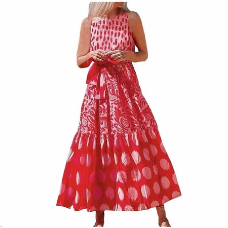 

Dress for Women 2022 Wedding Dress Women Fashion Sexy Summer Polka Dot Print Sleeveless O Neck Maxi Beach Dress Savings Clearance Deals Summer Dresses for Women 2022 Maxi Dress Red XL